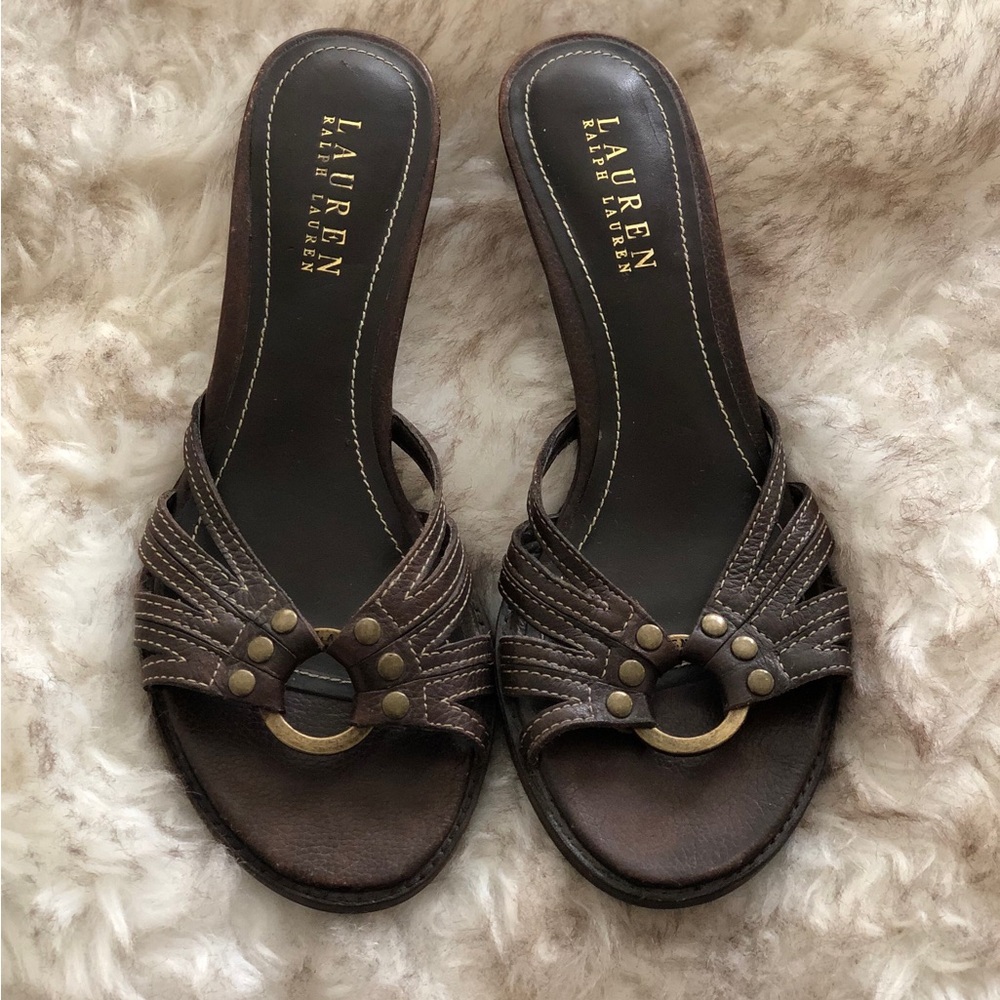 Vintage Ralph Lauren Brown Leather Slip On Sandal Heels Size 6 / 36